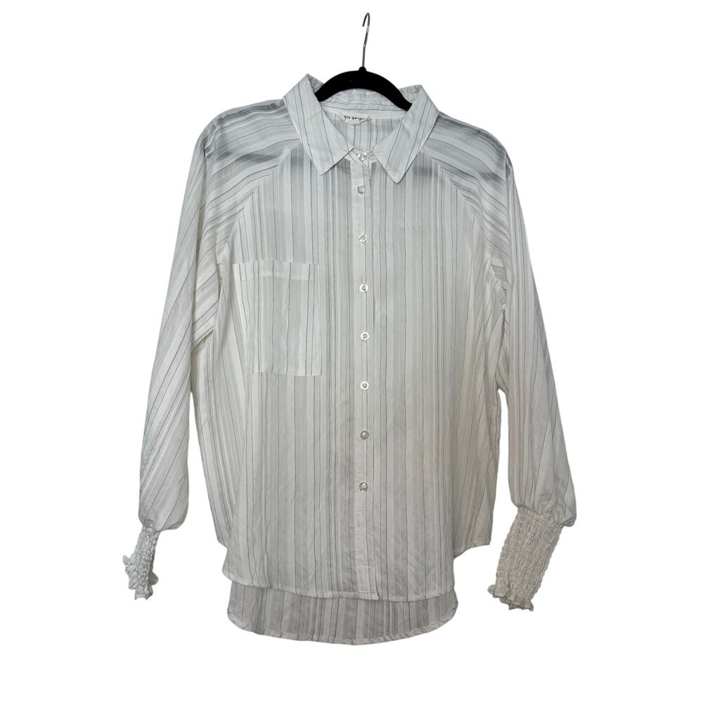 Blu Pepper Striped Button Down Blouse White Sheer Long Sleeve Top Size Medium